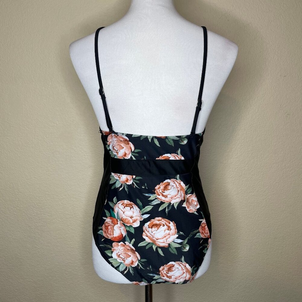 Cupshe Black Floral V-Neck One Piece Swimsuit Tummy Control Peony Print Size L - Picture 5 of 12